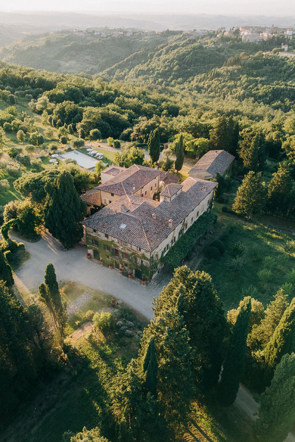 Villa Pozzolo aerial view at sunset